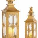 TRIROCKS Set of 2 Decorative Lanterns 21.5'' & 16" H Vintage Hanging Tower Lantern Metal Candle Holder with Tempered Glass for Indoor Outdoor Home Decor Parties Garden Wedding Patio(Gold)