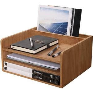 3 Tier Desktop Letter Tray for Office Desk Organizer and Accessories - Wood File Folder Holder for Paper Document Organizer Mail Sorter Workspace Counter Storage Book Shelf Light WJJ3K-LT
