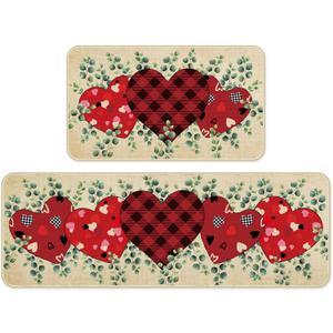 Bencailor 2 Pcs Kitchen Rugs and Mats Spring Summer Welcome Door Rugs Non Slip Washable Decorative Mats for Floor Door Home Bathroom Decor Gifts, 17 x 30 Inch and 17 x 47 Inch(Red, Pink,Heart)