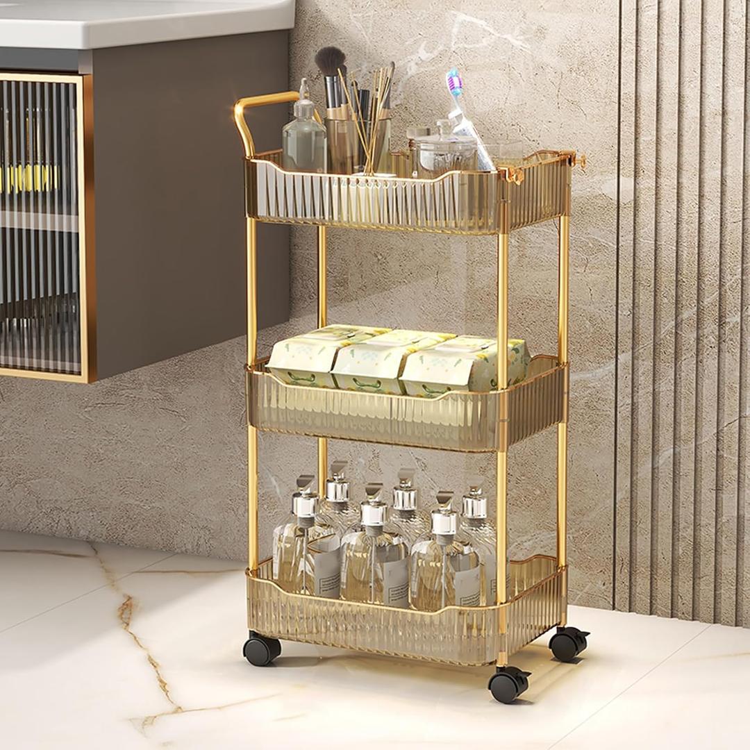 Acrylic Storage Trolley, Bathroom Kitchen Rolling Utility Cart Mobile Organization Shelves with Handle and Lockable Wheel (Gold,3 Tier)