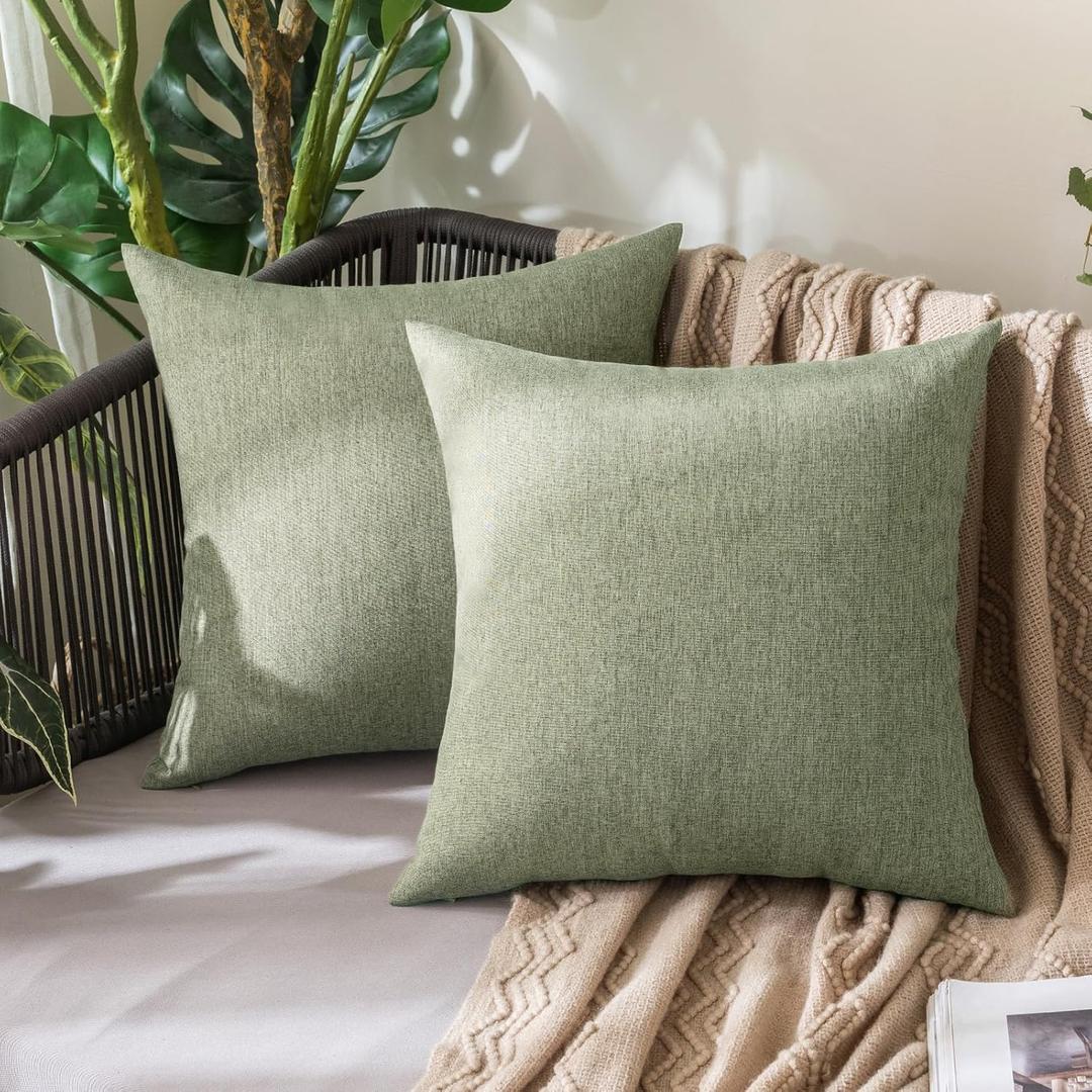 MIULEE Pack of 2 Decorative Outdoor Solid Waterproof Throw Pillow Covers Faux Linen Garden Farmhouse Cushion Cases for Patio Tent Balcony Couch Sofa 18x18 Inch Gray Green