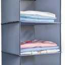 Hanging Closet Organizer and Storage 3-Shelf, Easy Mount Foldable Hanging Closet Wardrobe Storage Shelves, Clothes Handbag Shoes Accessories Storage, Washable Oxford Cloth Fabric, Gray