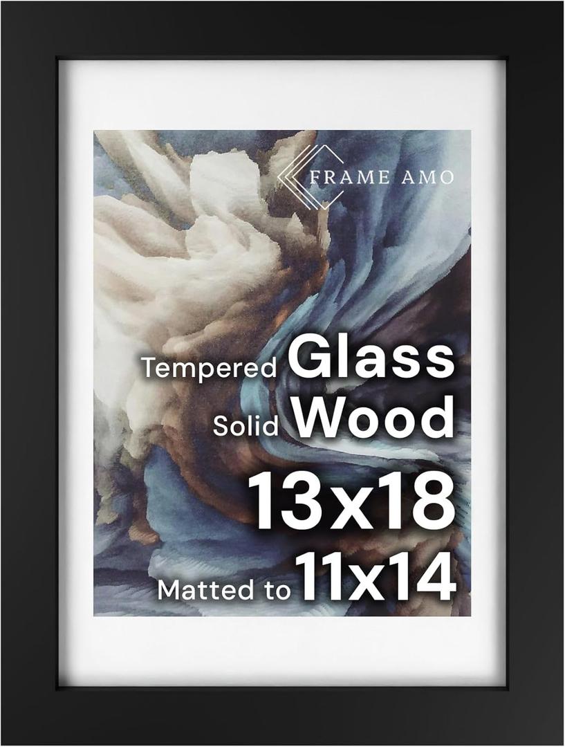 Frame Amo 13x18 Black Solid Wood Poster Frame, White Mat for 11x14 Image, Tempered Glass Front, 1.5 inch Wide, 1 inch Thick, High-End, Heavy-Duty, Gallery Grade & Acid-Free