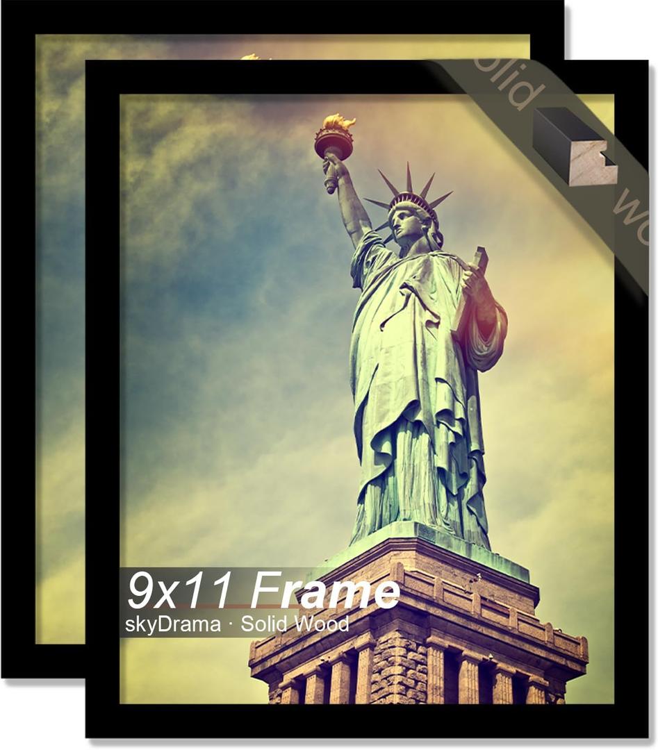 100% Solid Wood 9x11 Picture Frame Set of 2, Black Frame for 9 x 11 Inch Picture Poster Photo, Light Weight 9 by 11 HQ Matte Black Frame for Wall - 2 Pack/Black/9"x11"