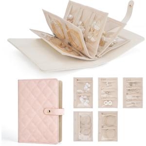 Travel Jewelry Case, Teacher Gifts for Women, Jewlery Organizer Storage Book Binder with Zipper Velvet Pouch Travel Essentials Gift for Women Girls Wife Mom, Pink