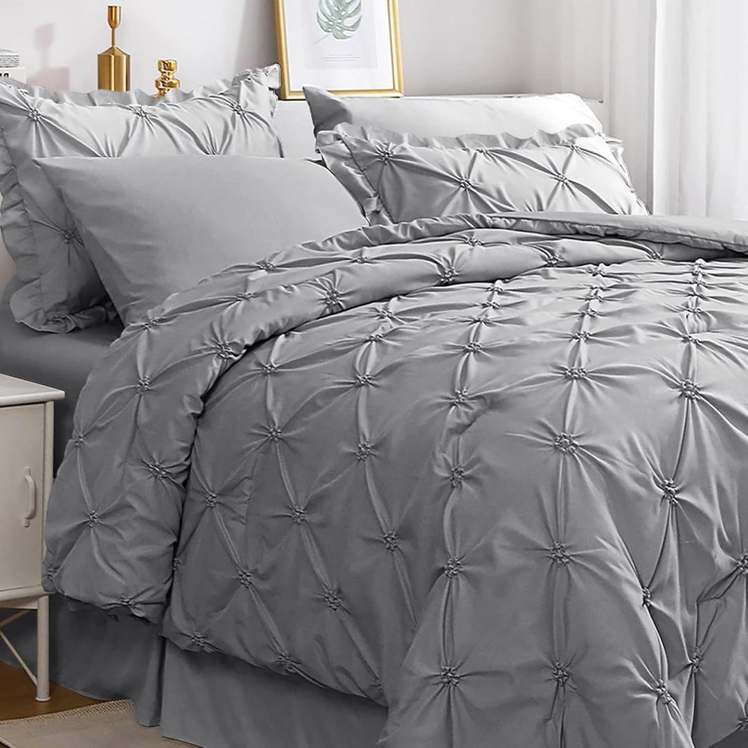 JOLLYVOGUE Gray Bed in a Bag Comforter Set for Bedroom, Pintuck Full Size Comforter Sets 7 Pieces,Beddding Sets with Comforter, Sheets,Ruffled Shams & Pillowcases (Full(82"x86"), Grey 