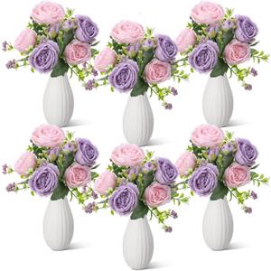 Reallnaive 6 Sets Artificial Peonies Ceramic Vases Rustic Faux Peonies Decorations Small Fake Floral Arrangements for Wedding Home Decor Decorative Farmhouse Bookshelf Table Centerpiece