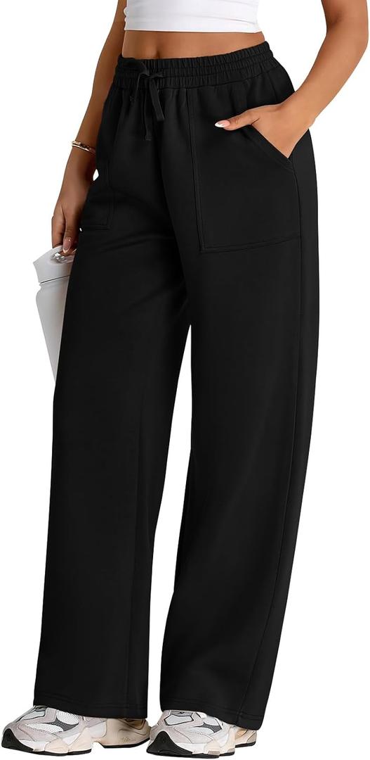 PRETTYGARDEN Womens Wide Leg Sweatpants High Waisted Baggy Lounge Sweat Pants Drawstring Athletic Flared Joggers with Pockets (Black, S)