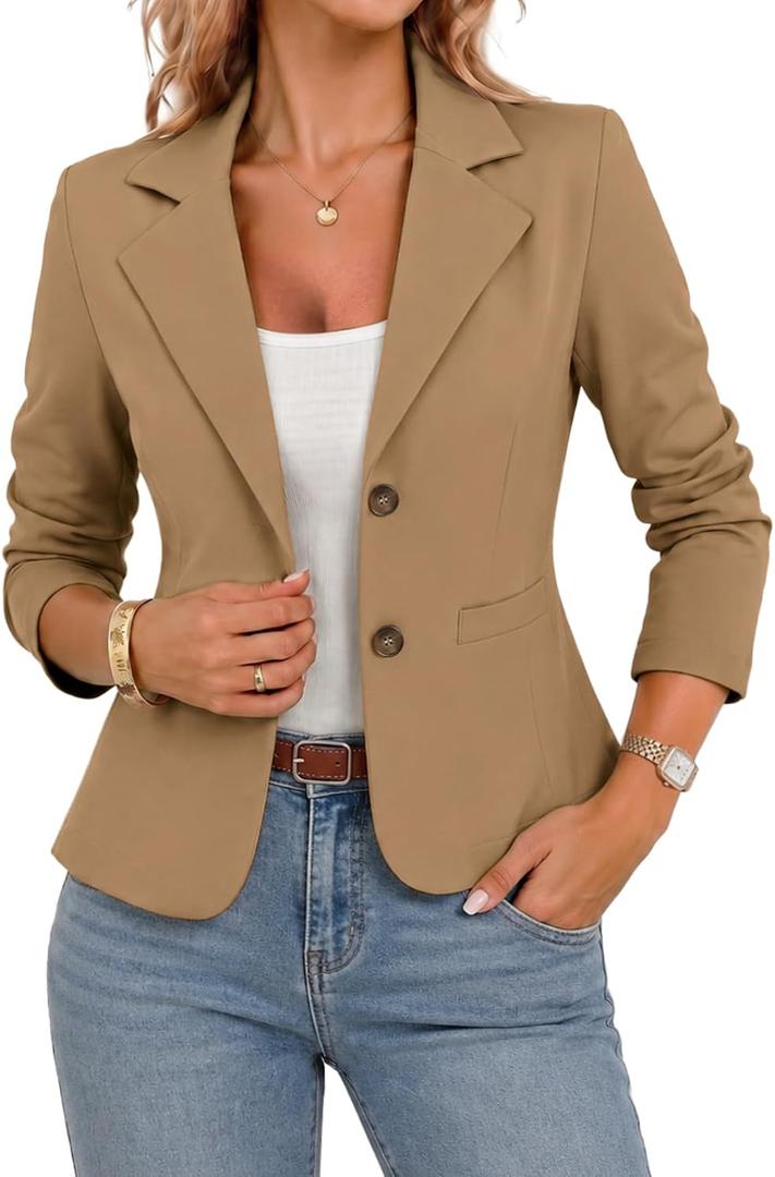 ELLEVEN Womens Business Casual Blazers Suit Jackets Slim Fit Outfits for Women Lightweight Stretchy Knit Long Sleeve Work Office Petite Blazer with Pockets Dressy Trendy Deep Khaki Medium (Brown, M)