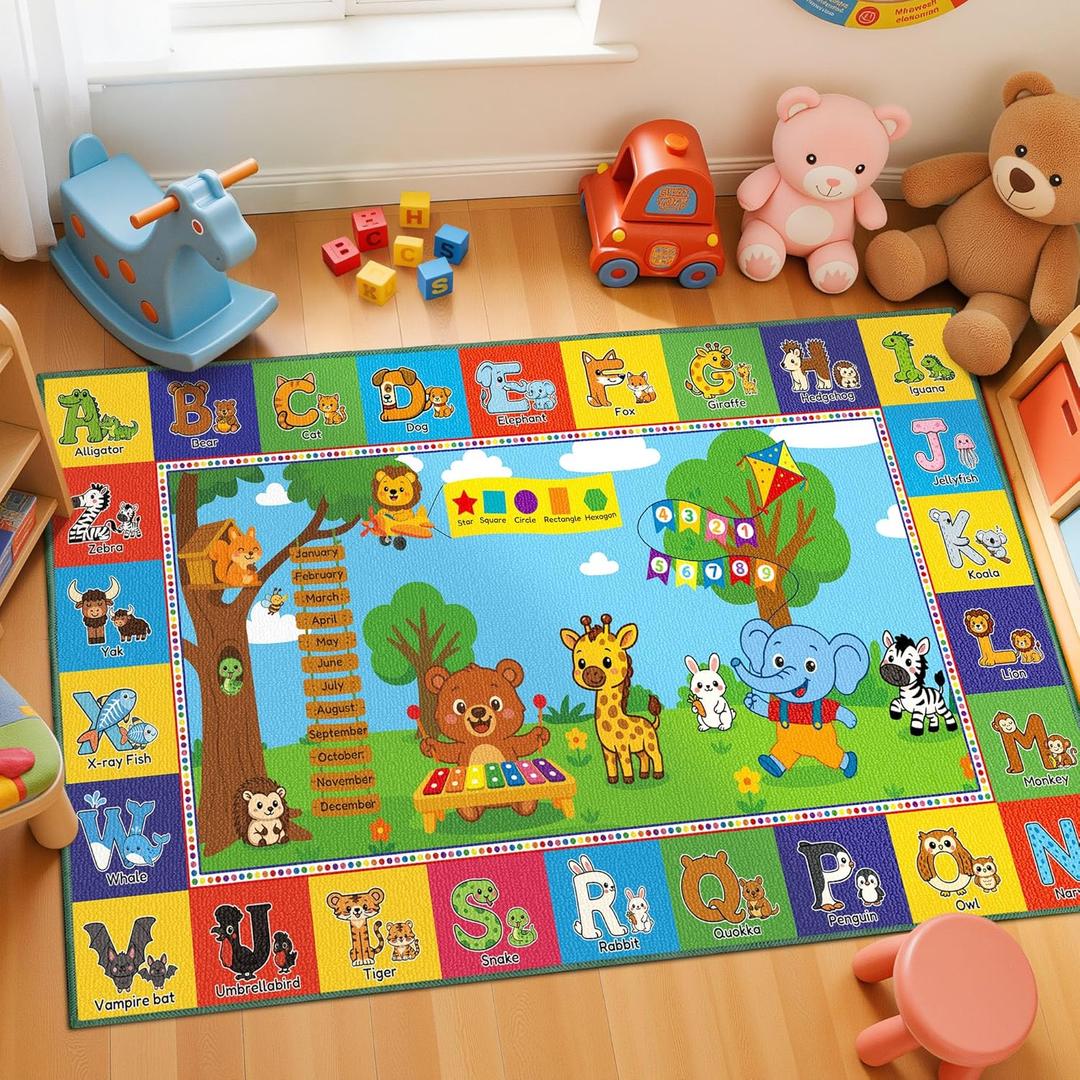 Upgrade Ultra Non Slip Kids ABC Rug for Kids Playroom  3x5 Washable Alphabet Educational Learning Play Mat for Toddlers Baby, Colorful Carpet with Animals for Nursery, Classroom & Bedroom, 36"x60"
