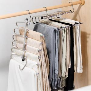 Pants Hangers Space Saving - 4 Pack 5-Tier Stainless Steel Jean Closet Organizer, Anti-Slip Clothing Storage Rack, Multifunctional Clothes Hanger Holder for Trouser Skirt Scarf Slack Legging