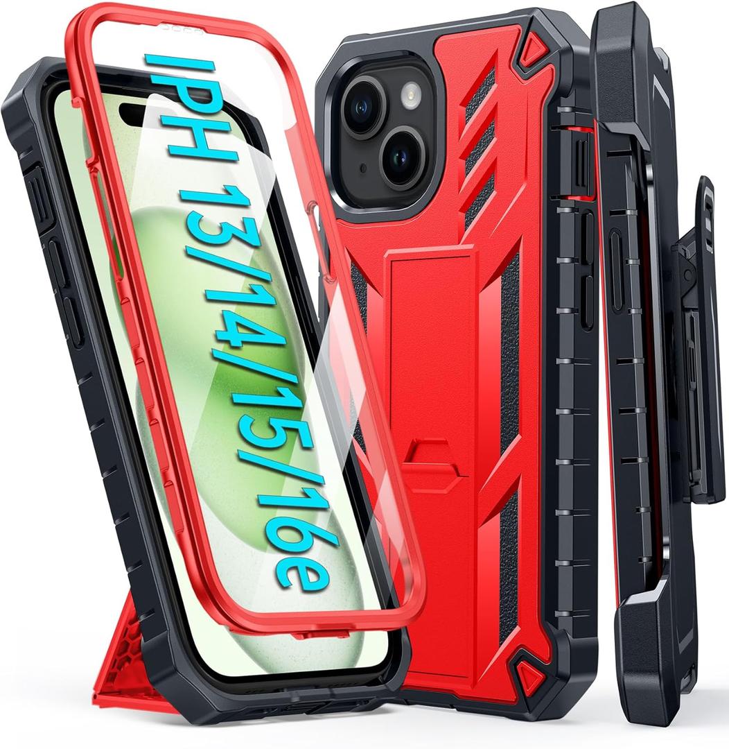 FNTCASE for iPhone 15 Phone Case: for iPhone 14 & 13 & 16e Case Military Shockproof Protective Rugged Cell Phone Cover with Kickstand & Belt-Clip Holster, Heavy Duty Hard Cases 5G - 6.1 Inch Red