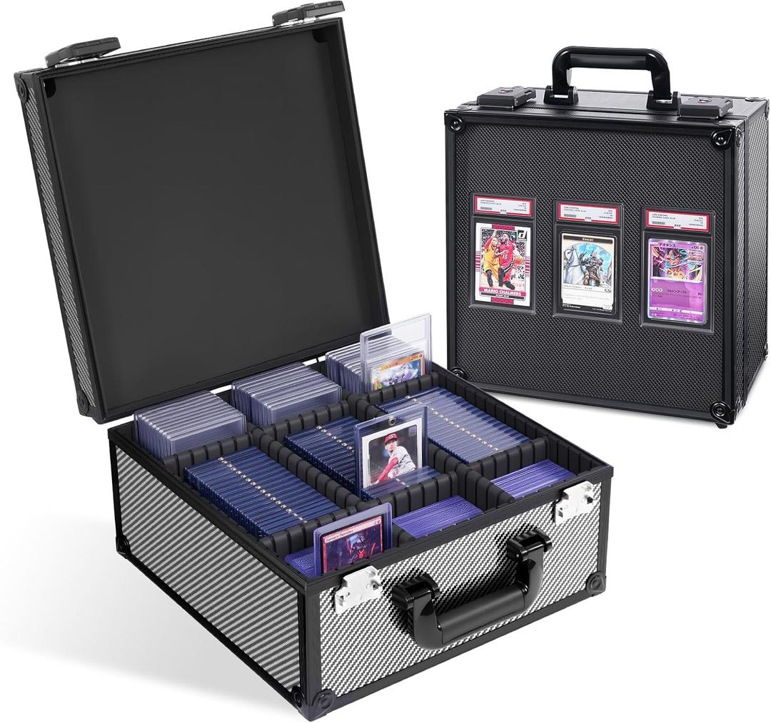 Graded Card Storage Box for PSA with TSA Lock, Aluminum Alloy Trading Card Case with Display Window, Slab Case with 8 Dividers for CGS, BGS, Top Loaders and Sports Cards (Carbon Fiber)