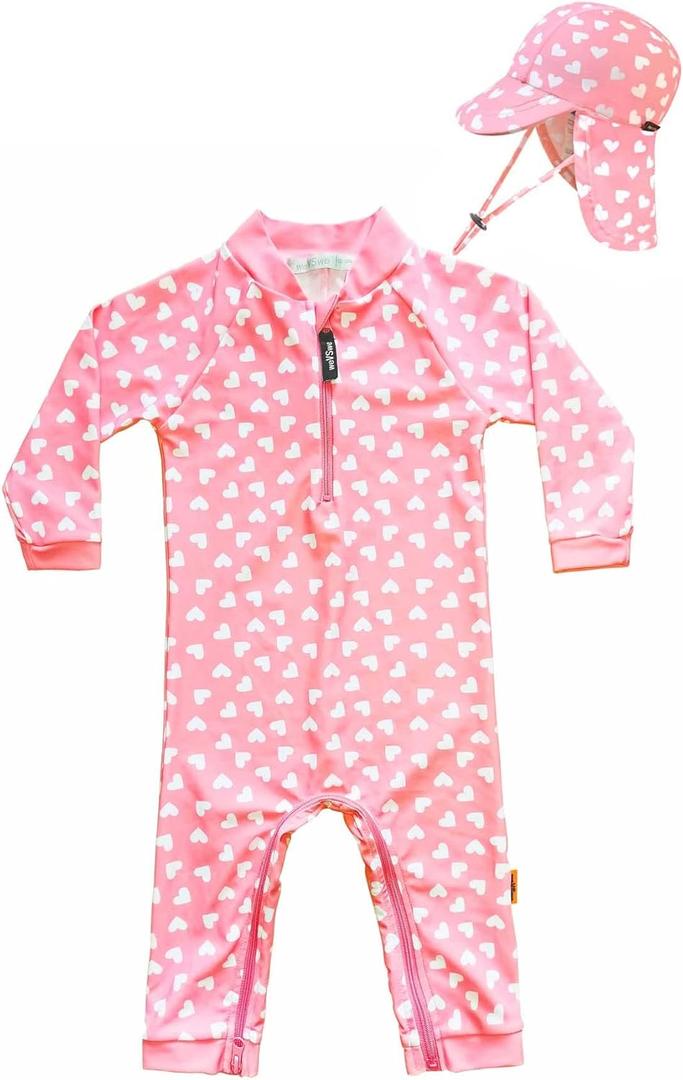 weVSwe Baby Swimsuit Girl Rash Guards Sun Protection Infant Long Slevee Bathing Suit Quick Dry with Sun Hat 0-3 Years (6-12 Months)
