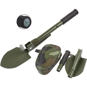 Military Small Folding Camping Shovel, Mini Compact Pickaxe with Carrying Pouch for Gardening, Off Road, Hunting, Car Emergency, Remove Ice (Military Green)