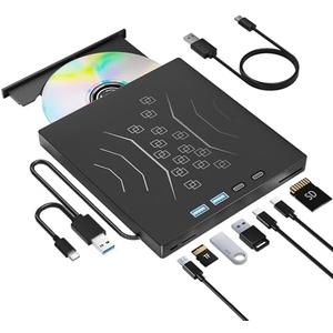 7 in 1 External DVD Drive, External CD/DVD Drive for Laptop USB 3.0 & Type-C, Portable CD/DVD +/-RW Disk Drive, CD/DVD Burner CD ROM External Drive for Laptop Desktop PC Windows 10/11 XP Mac Linux