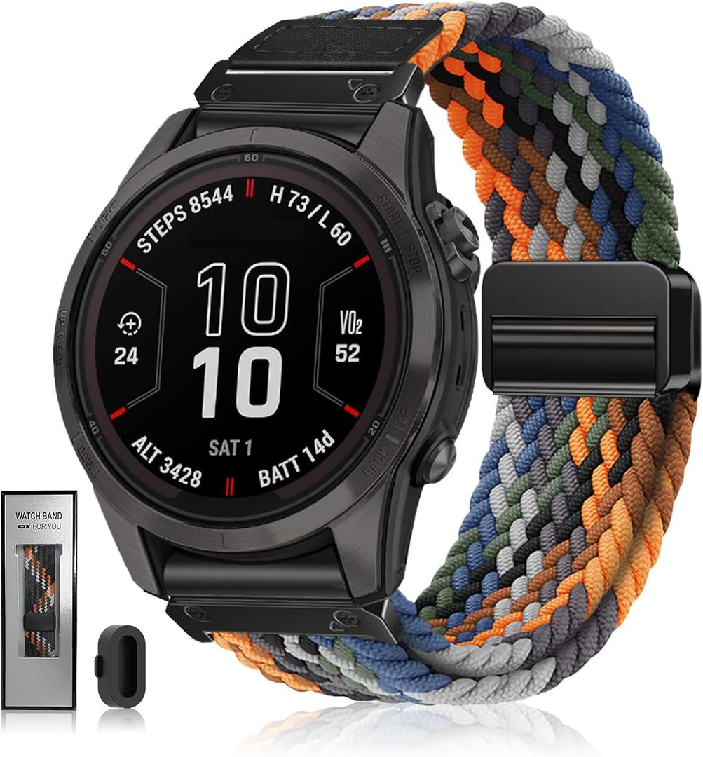 Quickfit 22mm 26mm Watch Band - Compatible with Garmin Fenix 8 47mm 51mm/Fenix 7/7X/6/6X/5/5X, Magnetic Clasp Braided Stretchy Nylon Sport Strap for Men and Women, Multiple Colors