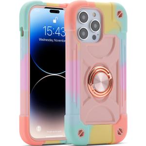 MARKILL Compatible with iPhone 14 Pro Case 6.1 Inch with Built-in Ring Stand, Military Grade Drop Protection Full Body Rugged Heavy Duty Case 3 in 1 Protective Durable Cover. (Rainbow Pink)