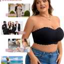 Strapless Wireless Bra for Women Scalloped Full Coverage Bandeau Comfortable Everyday Non-Wired Bra for Large Busts (Black, XXL)