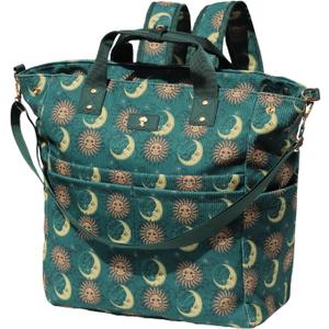 ESVAN Diaper Tote Bag Totepack Backpack Crossbody Bag 3 in 1 for Women Laptop Backpack Multifunctional with Insulated Pockets (Corduroy Dark Green Moon)