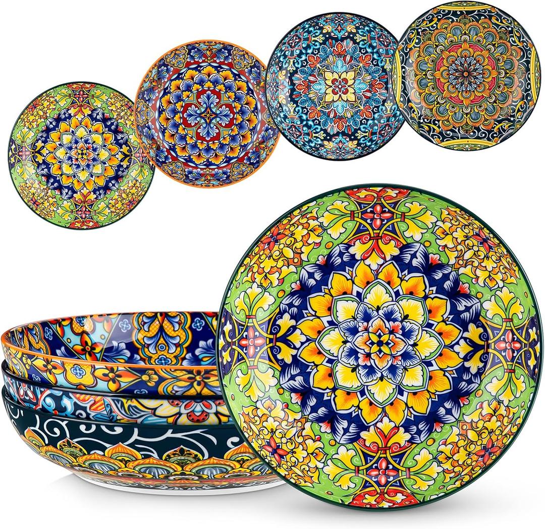 Vancasso Pasta Bowls, 42 oz Ceramic Salad Bowls of 4,Large Corlorful Serving Bowls for Kitchen, Dishwasher & Microwave Safe Soup Bowls, Pasta Plates