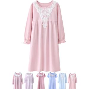 ABALACOCO Cotton Nightgown for Girls Short Long Sleeve Pajamas Dress Princess Kids Toddlers Pretty Lace Loose Sleepwear Dress (16-Adult)