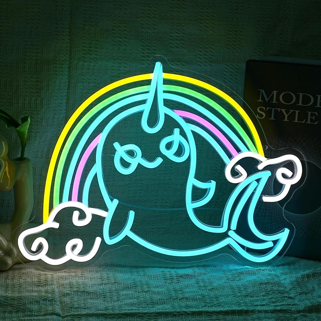 Rainbow Narwhal Neon Sign Dreamy Narwhal Led Sign Dimmable Rainbow Cloud Light up Sign Cute Fish Neon Light Decor for Bedroom Living Room Girl Dorm Shop Birthday Party Wedding Cartoon Lover