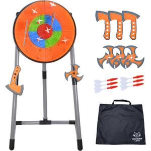 3 in 1 Throwing Game Toy Set - Dart & Axe Throwing Game with Bristle Target Dartboard - 3 Throwing Axes, 3 Stars, 6 Darts Included - with Travel Bag & Lightweight Stand - Indoor & Outdoor Game
