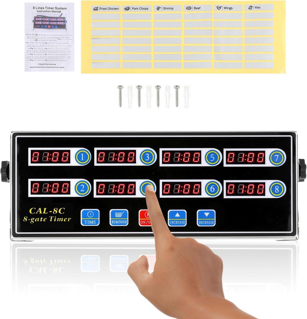BEAMNOVA 8-Channel Digital Kitchen Timer Commercial Cooking Fryer Reminder Loud Ring Alarm Stainless Steel Adjustable Volume