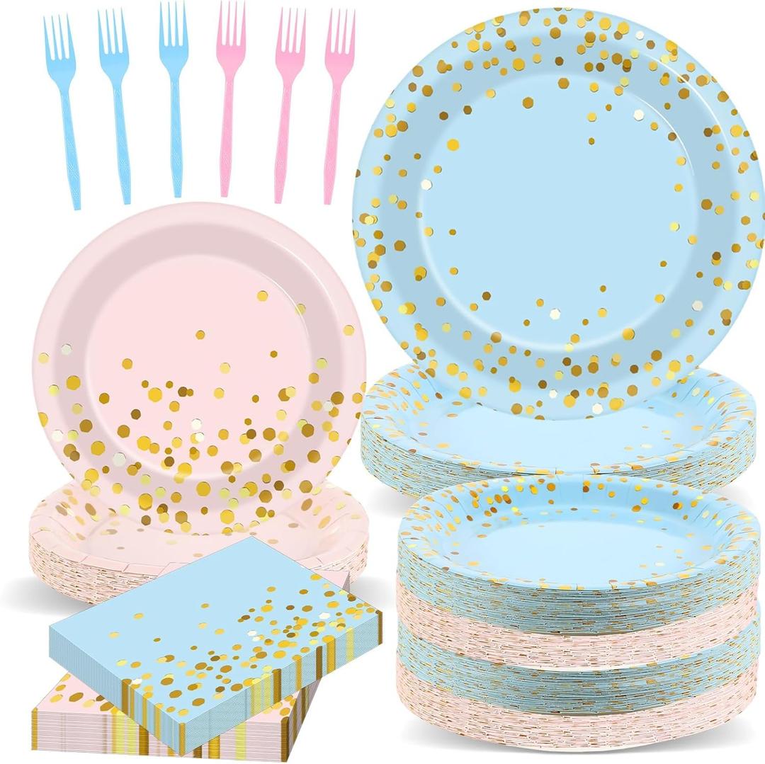 OBUSATT 192PCS Gender Reveal Party Supplies Baby Shower Party Tableware Gender Reveal Plates and Napkins Plastic Forks Boys Girls Blue and Pink Paper Plates for Baby Shower Wedding Birthday 48 Guests