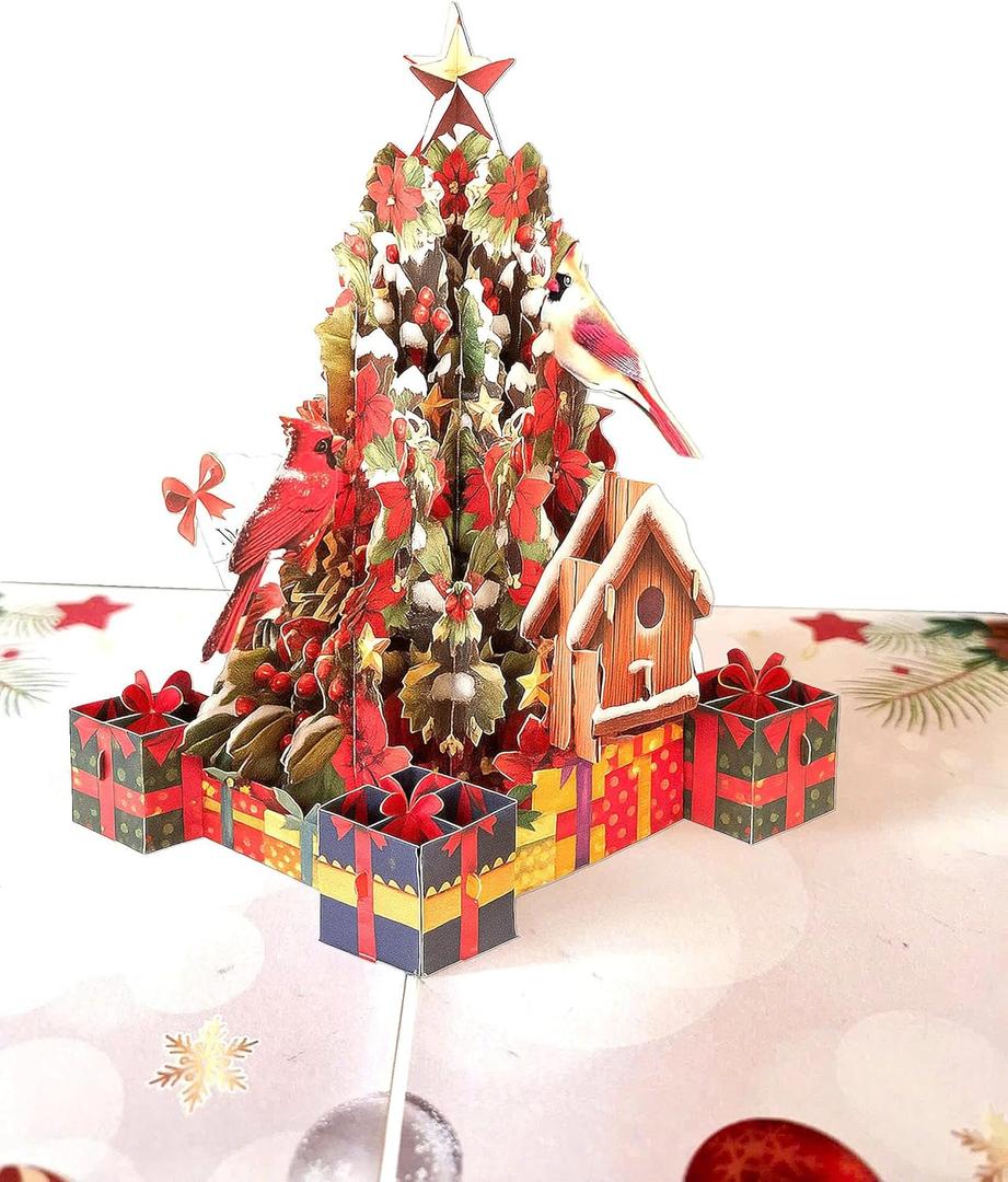 2 x Pop Up Christmas Tree With Cardinal Card, 3d Popup Cardinal Card 6 x 8 In, Greeting Cards For Wife, Husband, Him, Couple, Ideal Gift For Holiday, Mothers Day, Merry Christmas Cards Pop Up With Envelopes