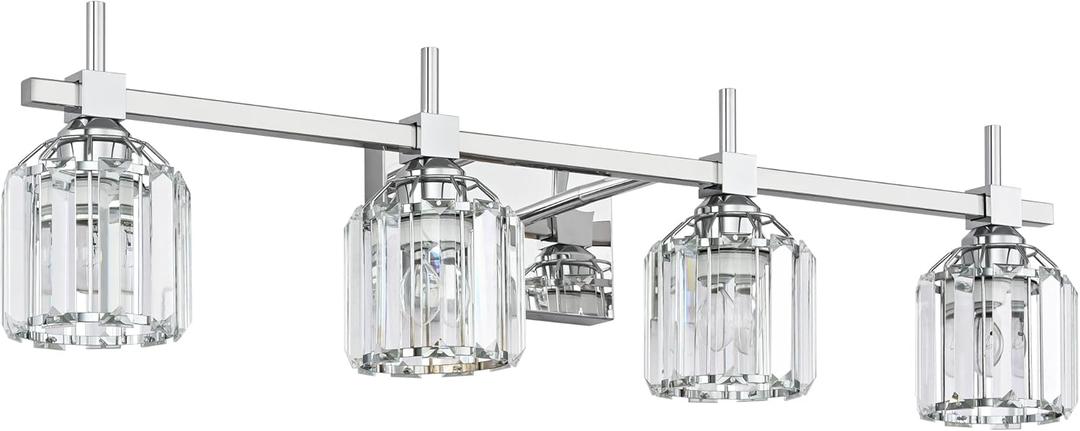 SOLFART Crystal 4 Lights Bathroom Lights Over Mirror Bathroom Lighting Fixtures Over Mirror Chrome Vanity Light Fixture Bathroom Vanity Light 4T CH (Gloss Chrome+Clear Crystal Shade)