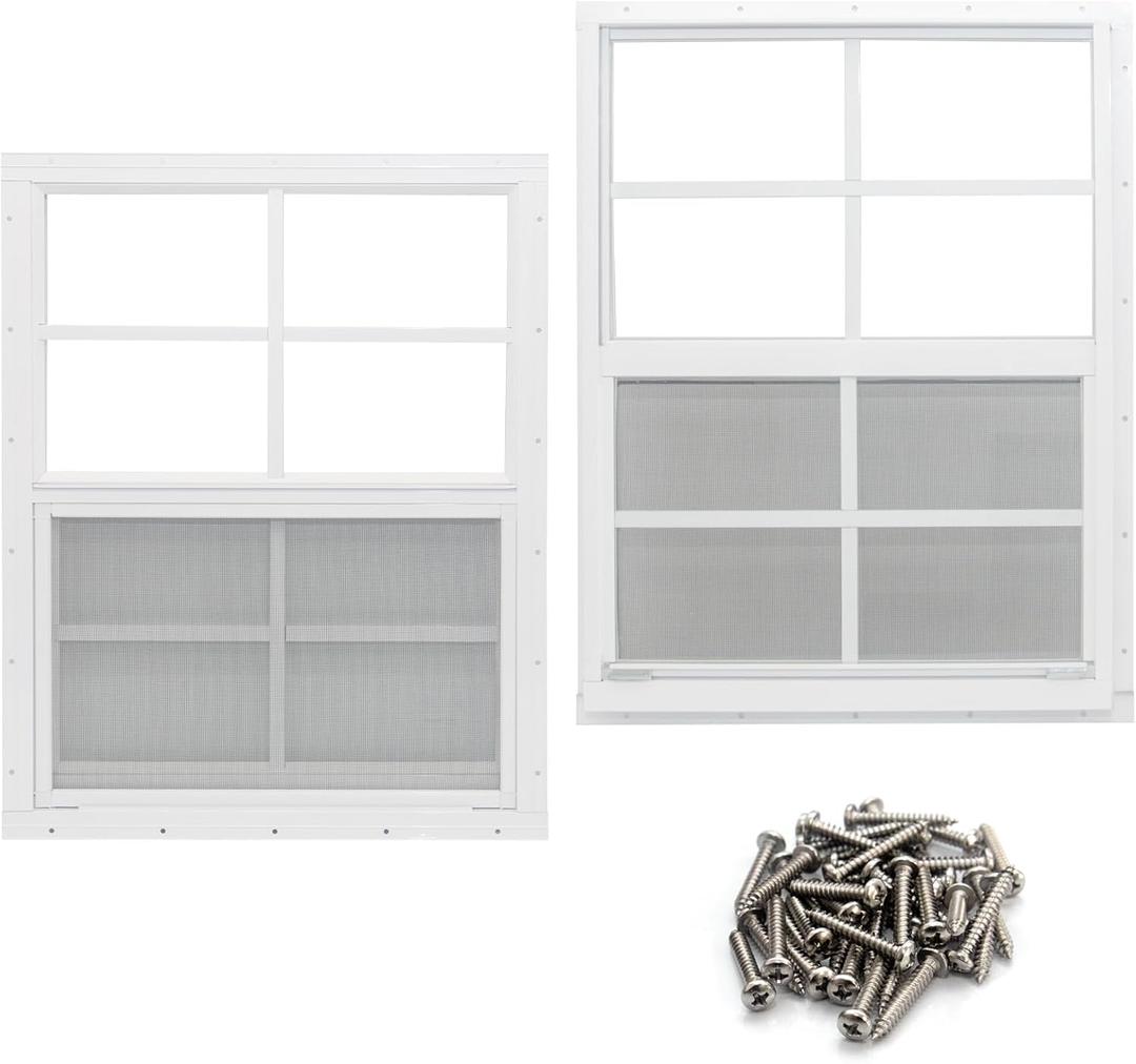 NeatiEase 2 Pack Shed Window, 18" x 23" Flush Mount Window with Tempered Glass and Fiberglass Screen for Shed, Chicken Coop, Playhouse, Household, Garage (White)