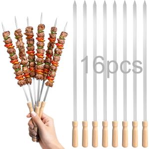 Sawysine 16 Pcs 23.6" Stainless Steel Flat Skewers Bulk with Wooden Handle Large Heavy Duty Reusable Kabob Stick BBQ Barbecue Skewer for Grilling Meat Vegetables Outdoor Indoor Cooking