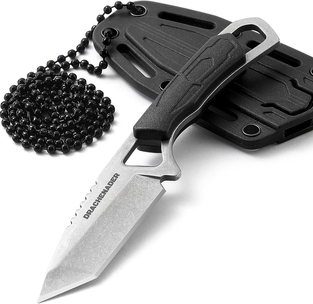 Neck Knife Mini, Small Tanto Neck Knife with Sheath and Necklace, Fulltang Outdoor Mini Knife, Black