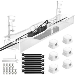 No Drill Under Desk Cable Management Tray, SONATURE 25.3" Cord Organizer for Table, Clamp Mount Desk Cable Management, Premium Carbon Steel Cable Organizer for Office, Home (White)