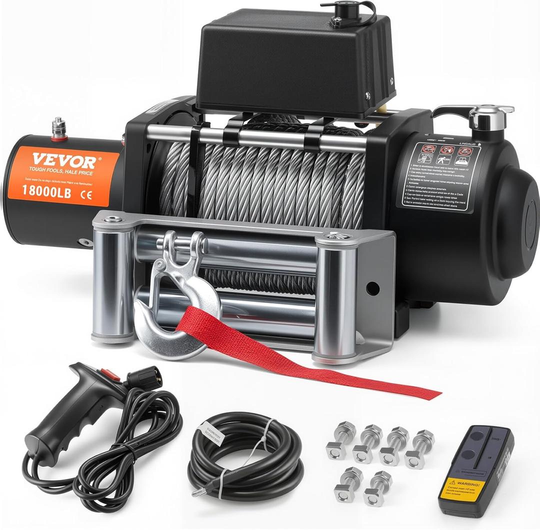 VEVOR Electric Winch, 18,000 lb Truck Trailer Jeep Winch, 12V DC 7/16 in x 85 ft Steel Cable Roller Fairlead Wireless & Wired Remote Control, IP55 Waterproof Towing for Off Road SUV Jeep Truck Trailer