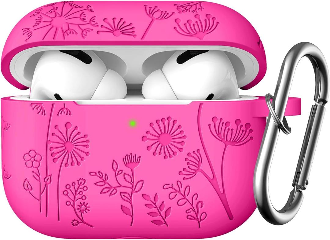 Lerobo Flower Engraved Cover for Airpods Pro 2 Case, Cute Soft Silicone Skin Full Protective Cover Compatible with Apple Airpods Pro 2nd Generation/1st Generation Case with Keychain (Rose Pink)