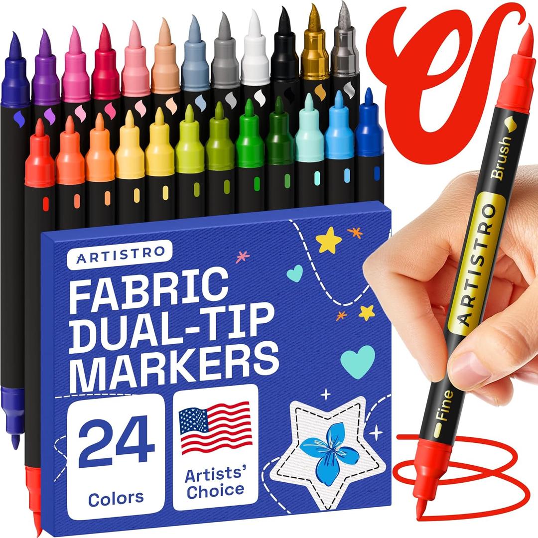 ARTISTRO 24 Dual-Tip Fabric Markers - Fabric Decorating Kit - Permanent for Clothes - No Bleed Pens for T-Shirts, Bags, Textile, Canvas, and More (Brush Tip and Fine Tip)