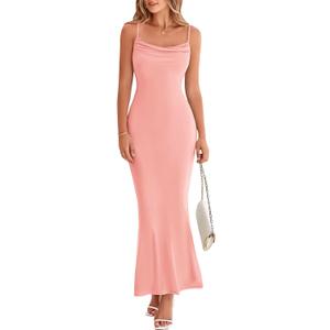 PRETTYGARDEN Women's 2026 Summer Maxi Dress Spaghetti Strap Mesh Slip Bodycon Dress Cowl Neck Cocktail Party Long Dresses (Pink, XXL)