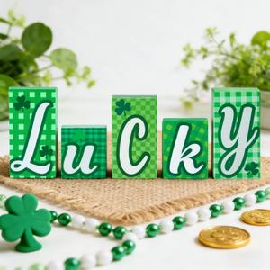 2 x St Patricks Day Decorations for Table - 5pcs Stable Wooden Signs, Lucky Shamrock Decorative Plaques for Home Mantel Centerpiece Tiered Tray Irish Party