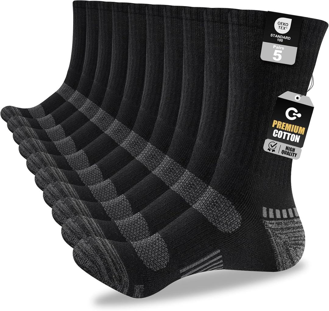 Mens Cotton Boot Crew Socks, 5 Pairs Full Cushion Socks Moisture-Wicking & Reinforced for Work Hiking Walking Outdoor (Black)