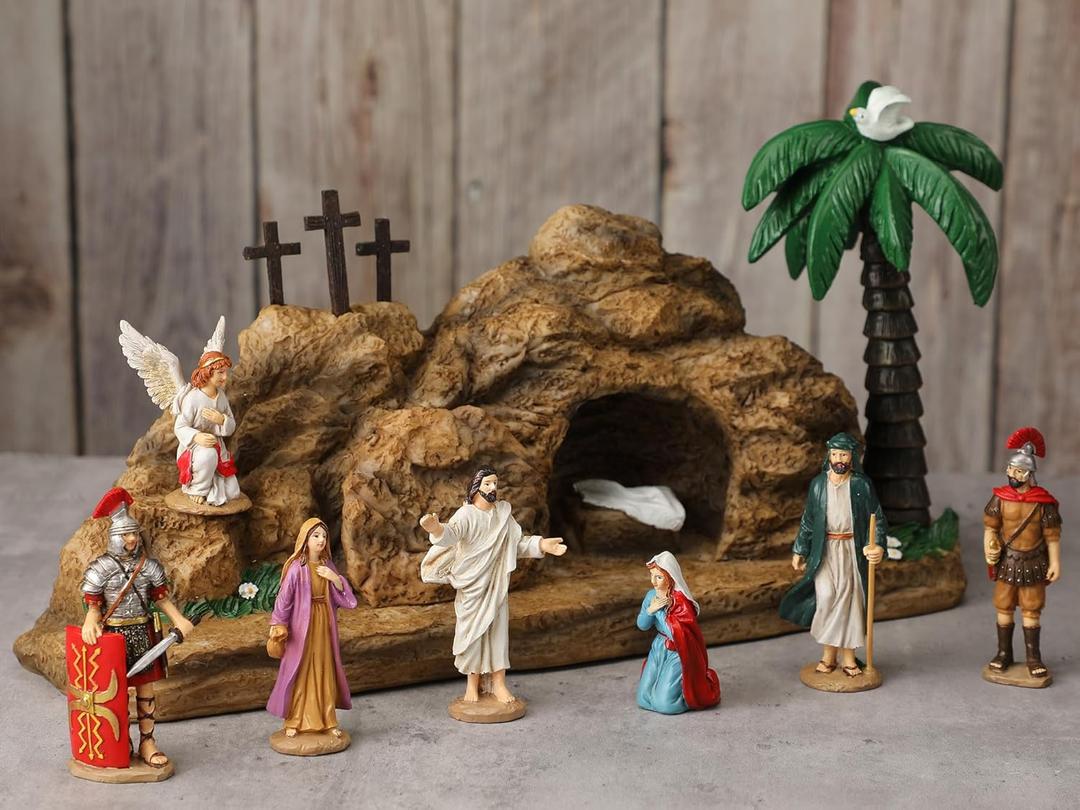 Wesiti 8 Pcs Easter Resurrection Scene Set Jesus Nativity Scene and Cross Decoration Tomb Easter Scen Cross Jesus Tomb Tray Spring Christian Figurine Gifts for Religious Home Office Tabletop