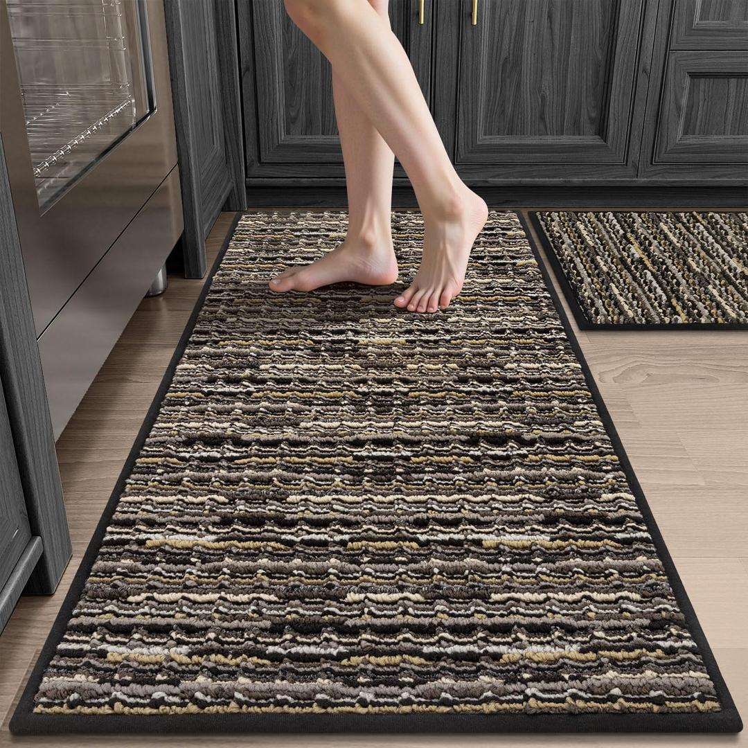 Kitchen Rugs Sets of 2-Non Slip Kitchen Mats for Floor-Thick Stain Resistant Vintage Kitchen Floor Mat Runner Carpet for Hallways Entryway Laundry Room WashableBlack 20"x47"+20"x32"