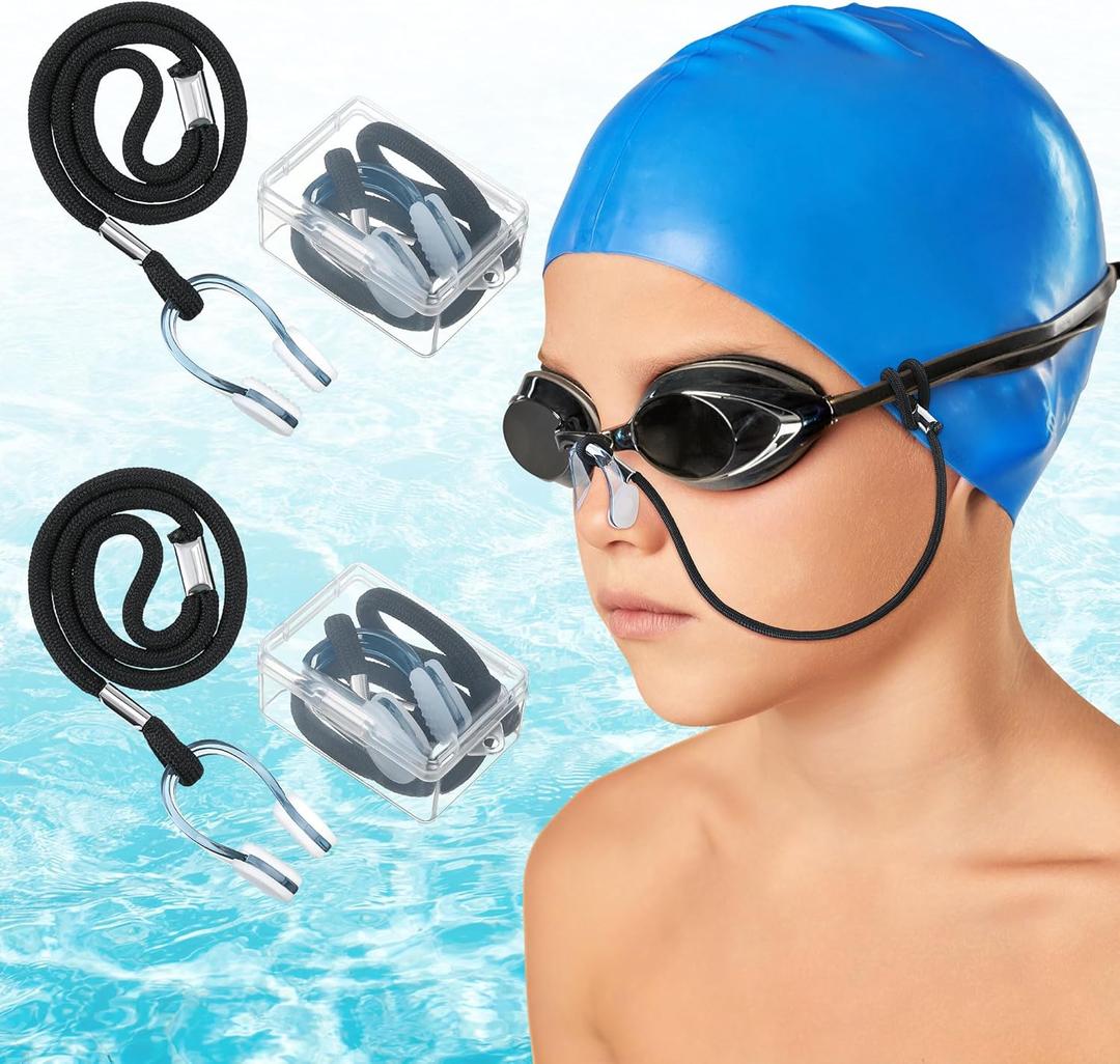 2 Set Swimming Nose Clips, Nose Plugs for Swimming with Cord and Organizer, Waterproof Silicone Swim Nose Plugs for Kids (Age 7+) and Adults, Nose Clamp Swimming Nose Clip with Strap