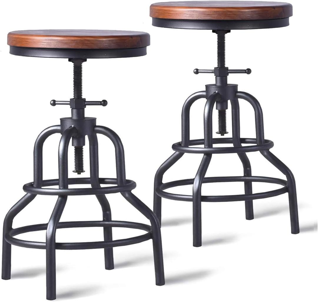 LOKKHAN Vintage Industrial Bar Stool-Rustic Swivel Barstools-Round Wood Metal Base-Kitchen Counter Height Adjustable Pipe Stool-Cast Steel Chairs 20-27 Inch (Set of 2) (Brown Wood)