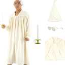 5 Pcs Men's Pajama Set Adult Nightshirt Night Sleeping Cap Gloves Candle Holder and Candle for Halloween Christmas (3X-Large, Beige-white)