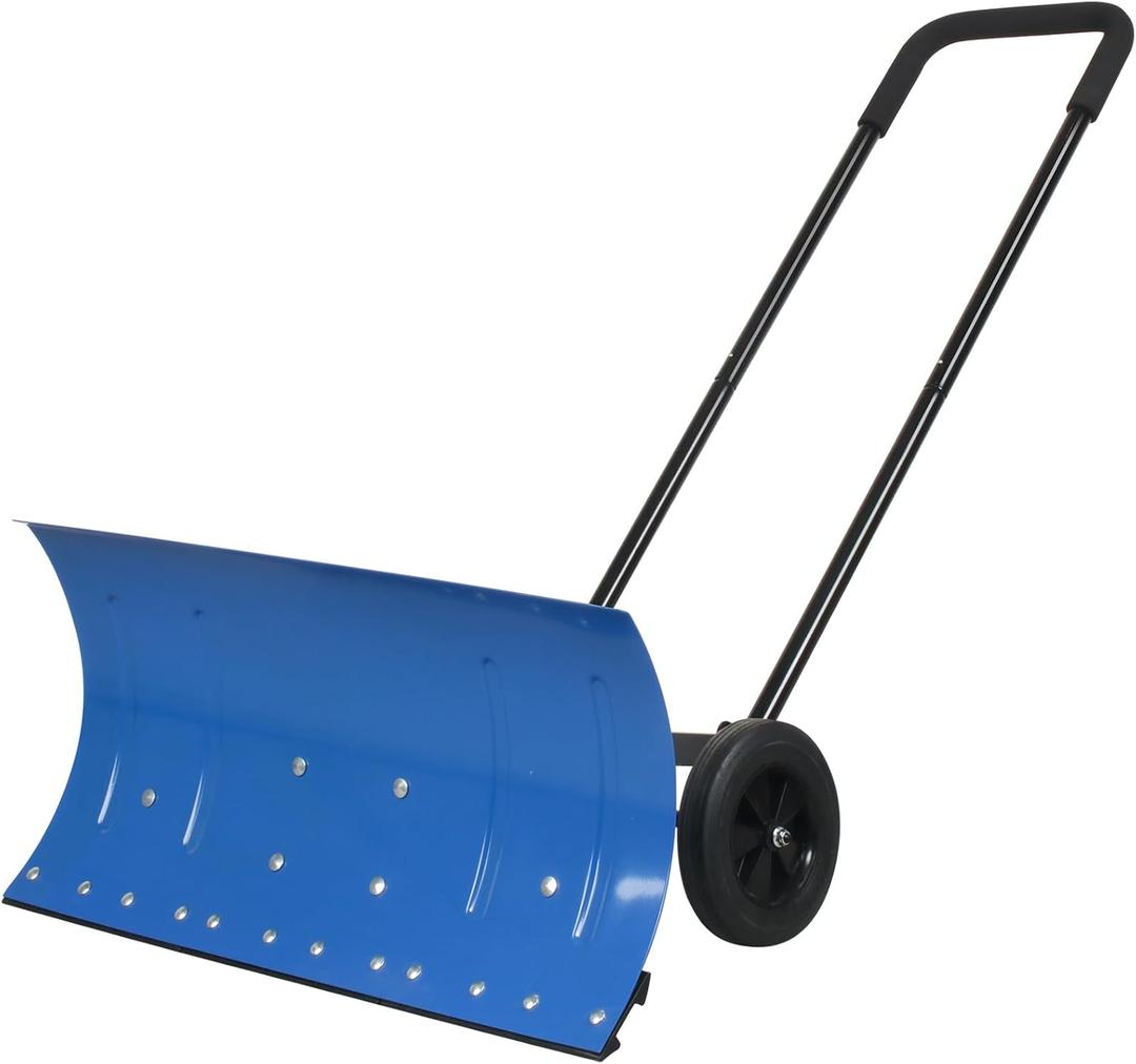 Snow Shovel Pusher, 29.13-inch Metal Snow Pusher with Wheels for Driveway, Adjustable Angle and Height Snow Pusher Shovel for Sidewalks, or Parking Lots
