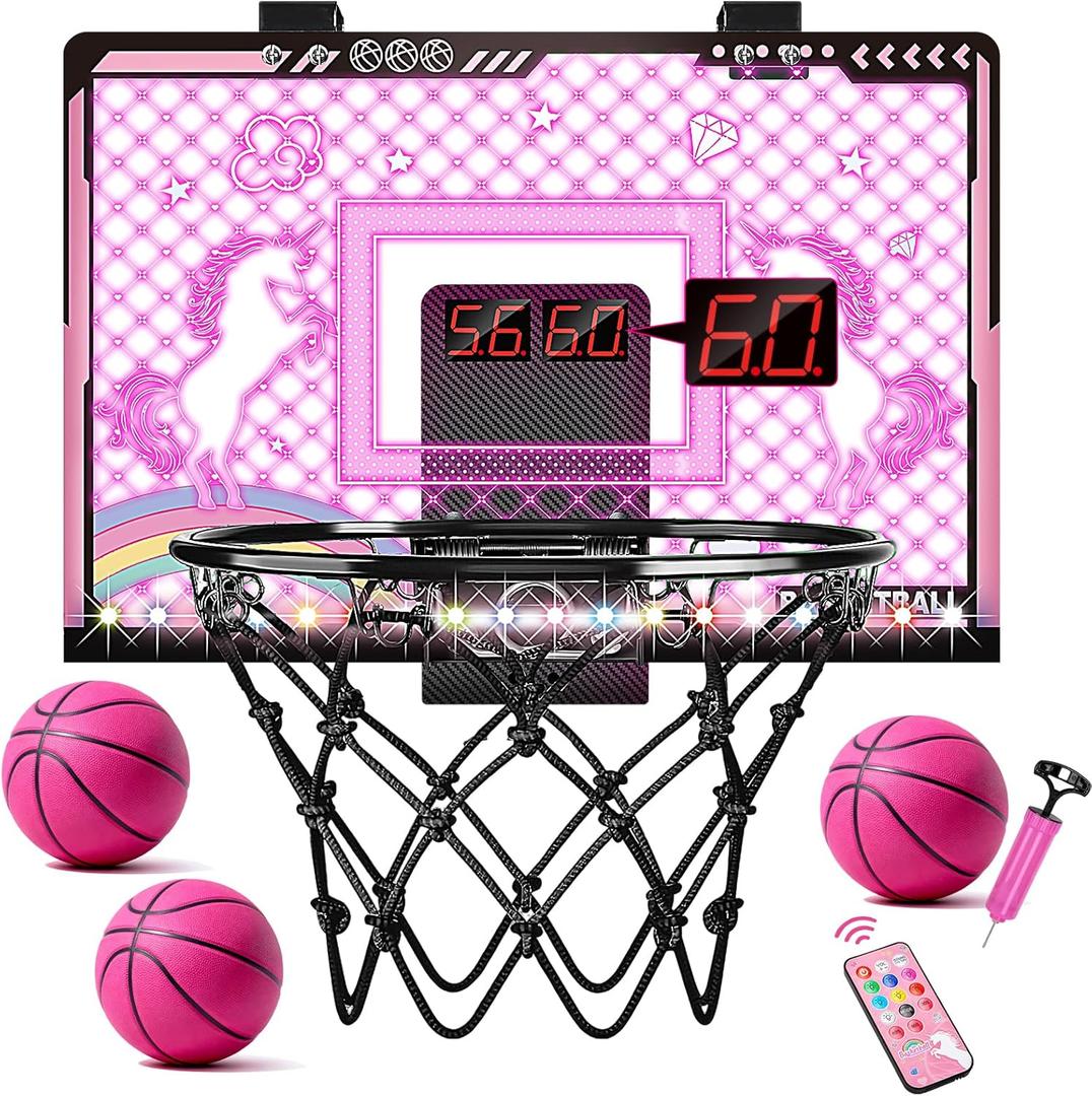 Basketball Hoop Indoor for Girls & Kids - Pink Mini Over The Door Basketball Hoops with Electronic Scoreboard & 3 Balls, Unicorn Birthday Gifts for Age 5 6 7 8 9 10 11 12 Years Old Girls
