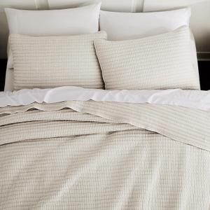 WDCOZY Beige Pick Stitch King Size Quilt Set, Striped Lightweight Soft Summer Spring Bedspread, Bamboo Linen Like Textured Coverlet, Chambray Farmhouse Country Rustic Bedding, Neutral Thin Comforter